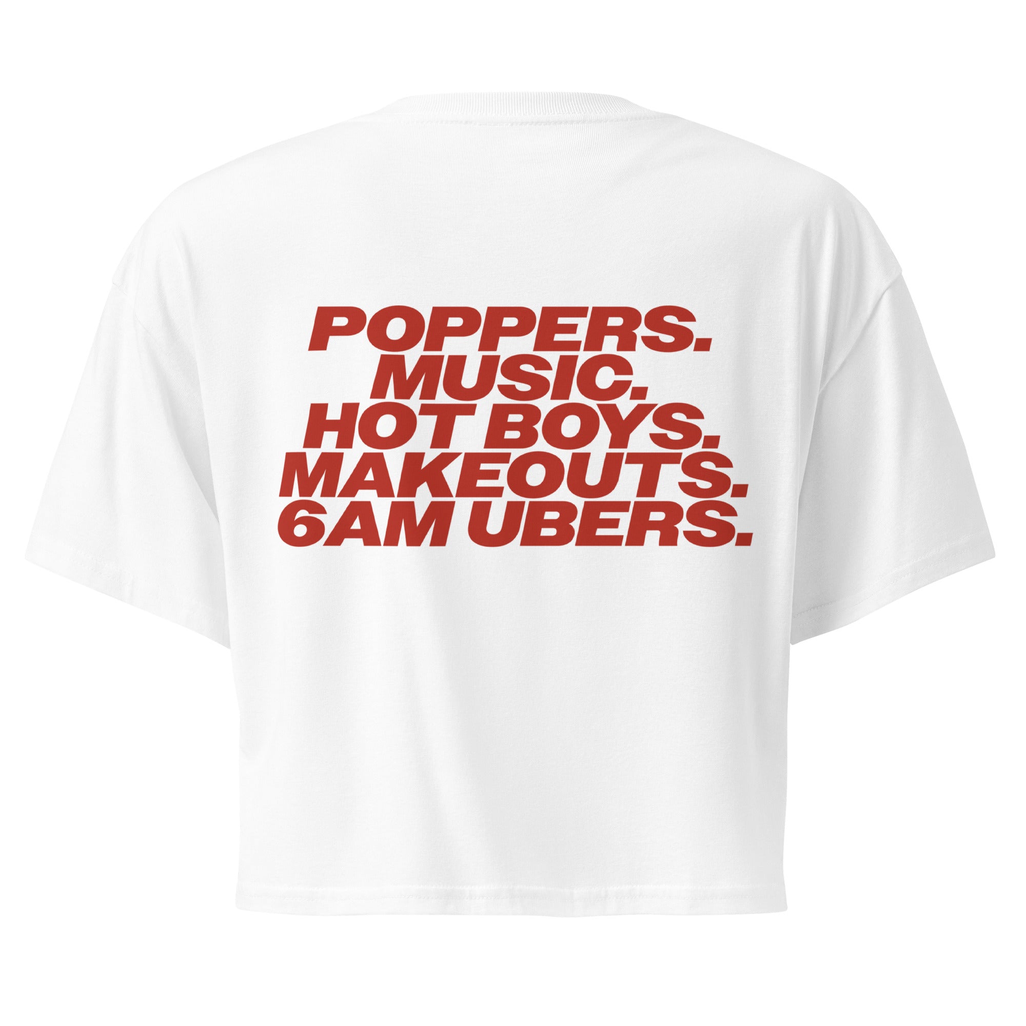 Yes Homo Front - Poppers, Music, Hot Boys, Makeouts, 6am Ubers Crop Top (Women's Cut - Size Up 2x)